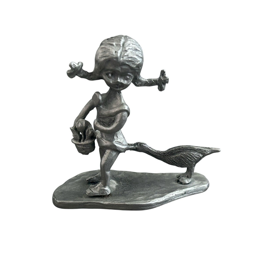 Pewter Figurine Girl Pigtails Duck Goose Playful Beach